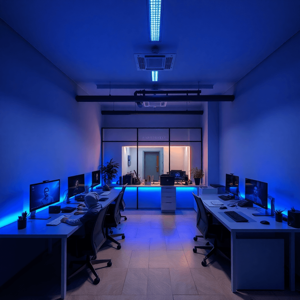 small startup office with few developers working, minimalist space with blue accent lighting, dark mode aesthetic