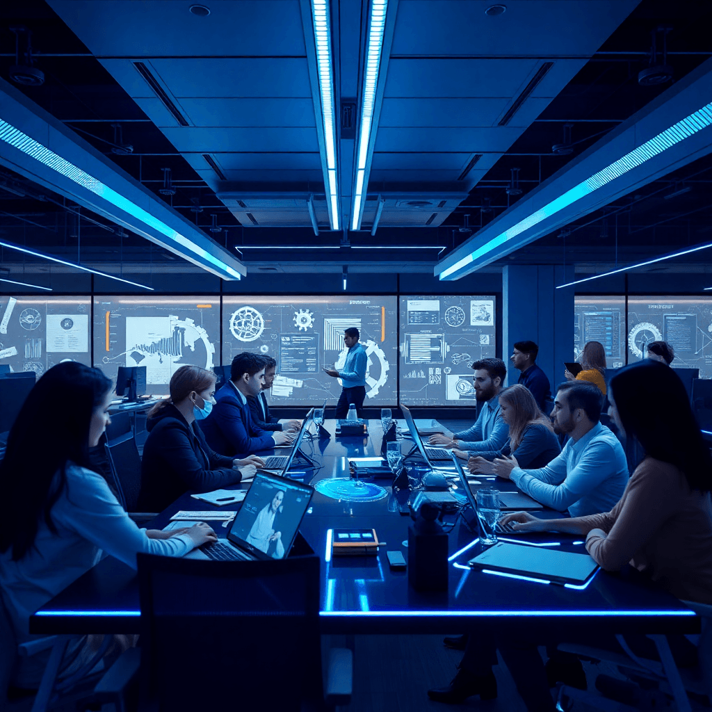 modern tech office with diverse team members collaborating, futuristic workspace with holographic displays, blue accent lighting, dark mode aesthetic